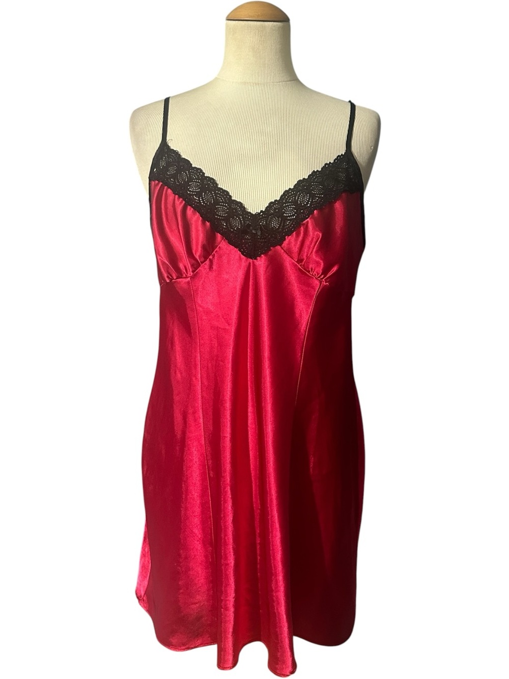 Linea Donatella Satin Lace-Trim Slip Dress Red Black Size Medium